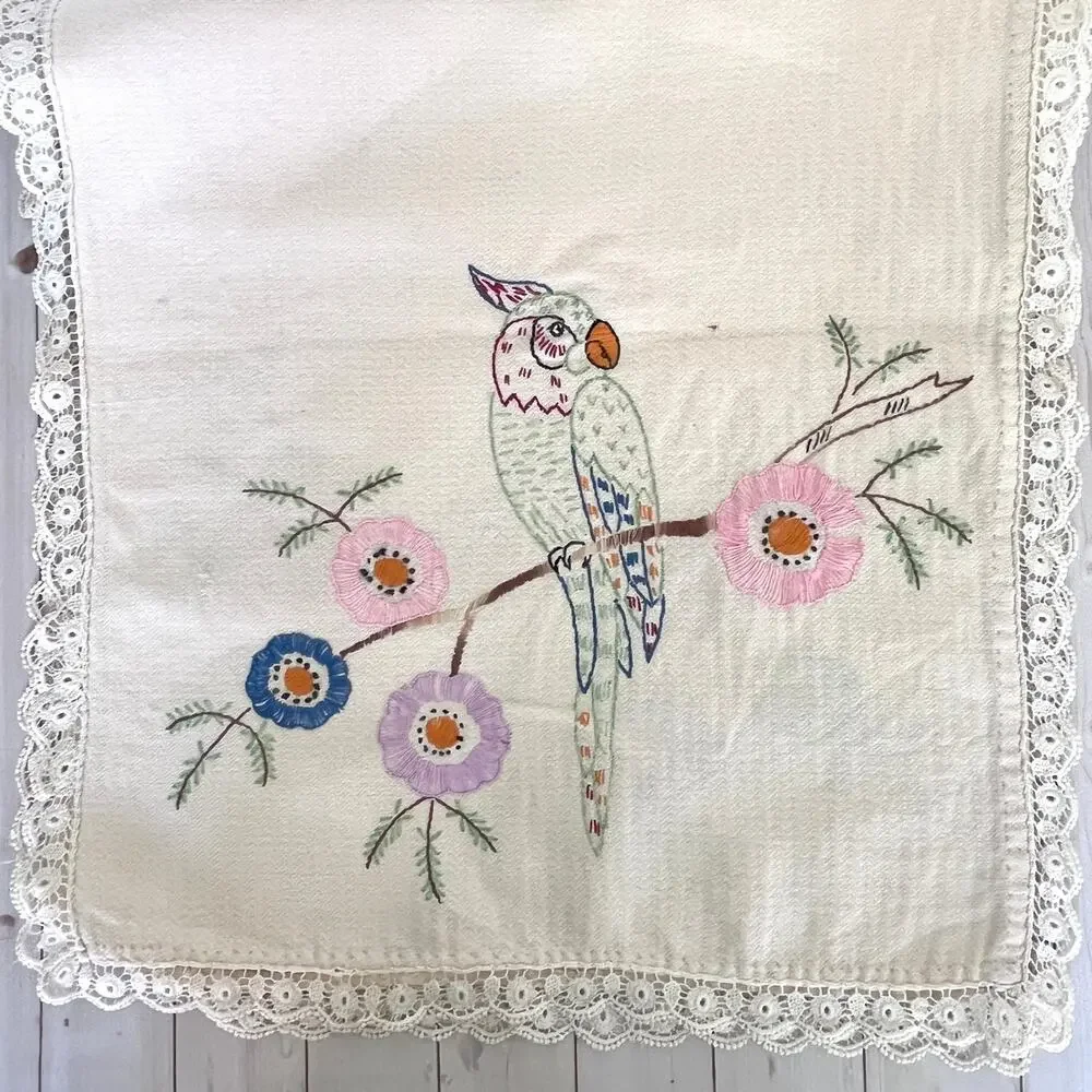 Vintage Embroidered Table Runner Vanity / Dresser Scarf Parrot Floral Lace Trim
